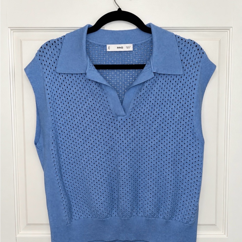 Mango Sky Blue Sleeveless Open-Knit Polo Sweater